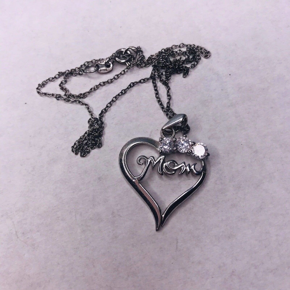 Necklace Mom Charm Heart CZ Sterling SIlver 925 RJ Signed Chain 18"